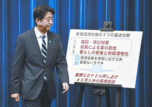 日本首相安倍晉三11日出席記者會(huì)。當(dāng)天，安倍內(nèi)閣通過(guò)了超過(guò)20萬(wàn)億日元的經(jīng)濟(jì)刺激計(jì)劃。